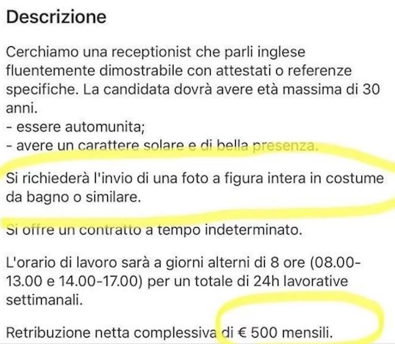 inviare foto costume polemica annuncio lavoro