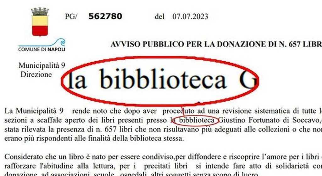 documenti comune napoli errore biblioteca diventa bibblioteca